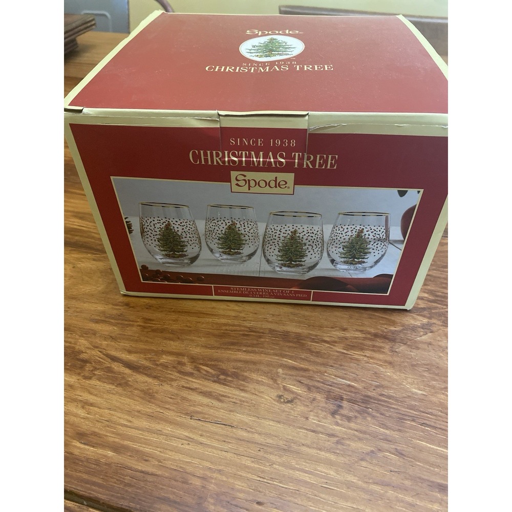 Spode Stemless Wine Glasses Set of 4 19oz Clear Christmas Tree Gold Rim Holiday